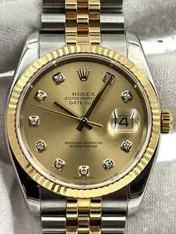 ROLEX DATEJUST 36MM FLUTED BEZEL CHAMPAGNE DIAMOND DIAL TT YG JUBILEE 116233