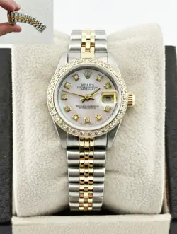 ROLEX LADIES DATEJUST 69173 WHITE MOP DIAMOND DIAL BEZEL 18K YELLOW GOLD STEEL