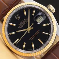 ROLEX MENS DATEJUST 16013 18K GOLD STEEL BLACK DIAL BROWN LEATHER STRAP WATCH