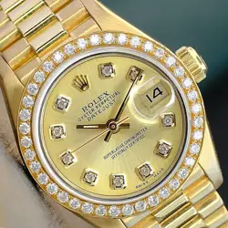 ~ROLEX LADIES DATEJUST GOLD WATCH CHAMPAGNE DIAMOND DIAL & BEZEL 26MM 69178