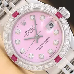 ROLEX LADIES DATEJUST 79174 18K GOLD STEEL PINK DIAL DIAMOND RUBY BEZEL WATCH