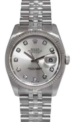 ROLEX DATEJUST STEEL & 18K WHITE GOLD BEZEL DIAMOND DIAL 36MM WATCH Z 116234