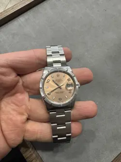 2001 ROLEX 34MM OYSTER PERPETUAL DATE SALMON PINK ARABIC DIAL 15210