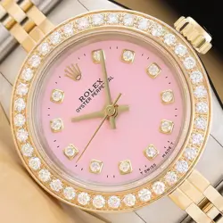 ROLEX LADIES OYSTER PERPETUAL 67193 18K YELLOW GOLD STEEL PINK DIAMOND WATCH