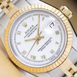 ROLEX LADIES DATEJUST 69173 WHITE ROMAN DIAL 18K YELLOW GOLD STEEL 2-TONE WATCH