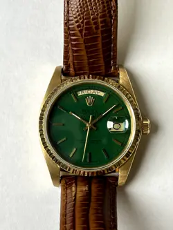 Vintage Rolex 36mm Day-Date 18038 watch with Green "Stella" Dial 1984
