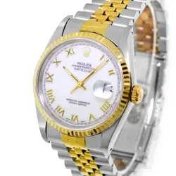 ROLEX DATEJUST 36MM YELLOW GOLD STEEL WHITE ROMAN DIAL FLUTED BEZEL 16233