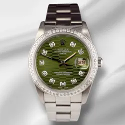 ROLEX DATE 34MM LADIES 1.5CT GREEN MOTIF DIAMOND DIAL STEEL OYSTER WATCH 15000