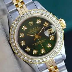 ~ROLEX LADY DATEJUST 69173 WATCH 18KY & SS GREEN DIAMOND DIAL & BEZEL 26MM