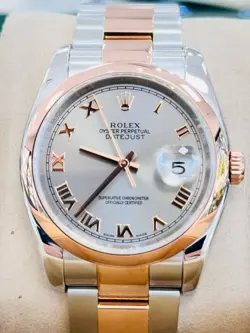 ROLEX DATEJUST 36MM 116201 18K ROSE GOLD / STEEL SILVER ROMAN DIAL WATCH