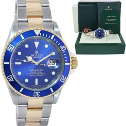 MINT 2008 GOLD BUCKLE ROLEX SUBMARINER 16613 GOLD STEEL BLUE WATCH BOX