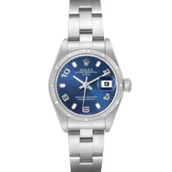 ROLEX DATE 26MM STEEL BLUE DIAL ENGINE TURNED BEZEL LADIES WATCH 79190