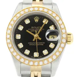 ROLEX LADIES DATEJUST 69173 18K YELLOW GOLD & STEEL BLACK DIAL DIAMOND WATCH