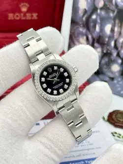 Rolex Oyster Perpetual 76080 24mm Black Diamond Dial Diamond Bezel Box