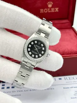 Rolex Oyster Perpetual 76080 24mm Black Diamond Dial Diamond Bezel Box