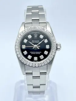 Rolex Oyster Perpetual 76080 24mm Black Diamond Dial Diamond Bezel Box