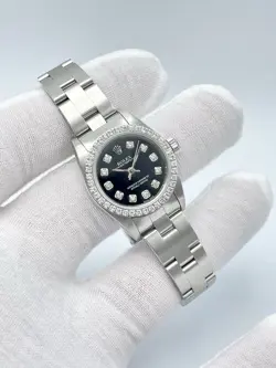 Rolex Oyster Perpetual 76080 24mm Black Diamond Dial Diamond Bezel Box