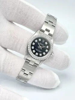 Rolex Oyster Perpetual 76080 24mm Black Diamond Dial Diamond Bezel Box