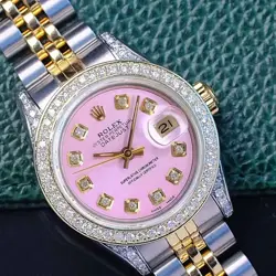 ~ROLEX LADY DATEJUST 18KY GOLD & STEEL PINK DIAMOND DIAL BEZEL LUGS WATCH 69173