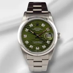 ROLEX DATE 34MM LADIES GREEN MOTIF DIAMOND DIAL OYSTER STEEL WATCH 15000
