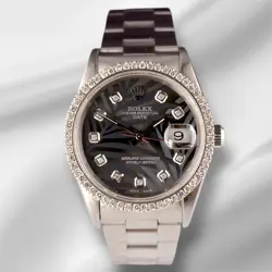 ROLEX DATE 34MM LADIES 1.5CT PRONG GREY PALM DIAMOND DIAL STEEL WATCH 15000