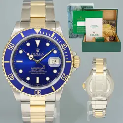 MINT 1999 PAPERS ROLEX SUBMARINER 16613 GOLD STEEL TWO TONE GOLD SUNBURST BLUE
