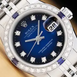 ROLEX DATEJUST 69174 18K WHITE GOLD STEEL BLUE VIGNETTE DIAMOND SAPPHIRE WATCH