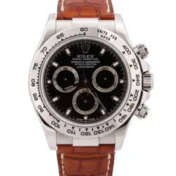 UNPOLISHED ROLEX DAYTONA BLACK 18K WHITE GOLD BROWN LEATHER WATCH 116519 BOX