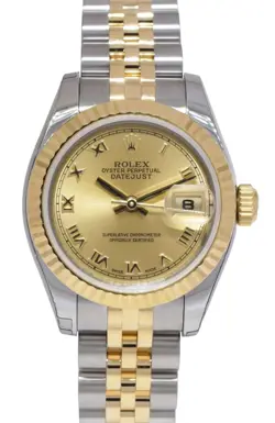 ROLEX DATEJUST 18K YELLOW GOLD/STEEL CHAMPAGNE DIAL LADIES 26MM WATCH D 179173