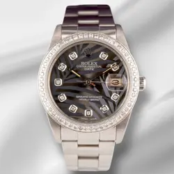 ROLEX DATE 34MM LADIES 1.5CT GREY PALM DIAMOND DIAL STEEL OYSTER WATCH 15000