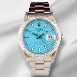 ROLEX DATE 34MM LADIES 1.5CT BABY BLUE DIAL STEEL OYSTER WATCH 15000