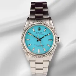 ROLEX 34MM OYSTER PERPETUAL 1CT PRONG DIAMOND BABY BLUE DIAL STEEL WATCH 14010