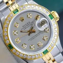 ~ROLEX LADY DATEJUST 18K GOLD STEEL WATCH GRAY DIAL DIAMOND BEZEL 26MM 69173