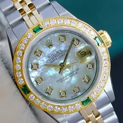 ~ROLEX LADIES DATEJUST 69173 WATCH 18KY GOLD STEEL WHITE MOP DIAL DIAMOND BEZEL