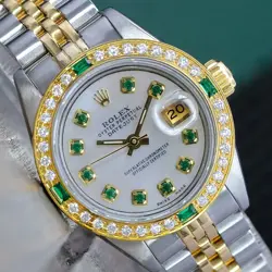 ~ROLEX LADY DATEJUST 18KY & SS WHITE MOP DIAL DIAMOND EMERALD BEZEL WATCH 69173