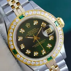 ~ROLEX LADIES DATEJUST TWO-TONE GREEN DIAMOND DIAL DIAMOND BEZEL 26MM REF#69173