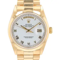 ROLEX DAY-DATE PRESIDENT 18K YELLOW GOLD WATCH WHITE ROMAN DIAL 36MM