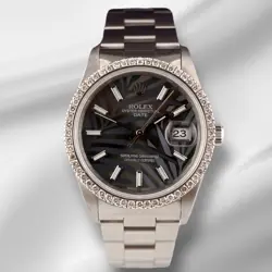 ROLEX DATE 34MM LADIES 1.5CT PRONG GREY PALM DIAL STEEL WATCH 15000