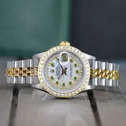 ~ROLEX WATCH WOMENS DATEJUST 18K GOLD STEEL WHITE DIAL DIAMOND BEZEL 26MM 69173