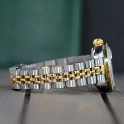 ~ROLEX WATCH WOMENS DATEJUST 18K GOLD STEEL WHITE DIAL DIAMOND BEZEL 26MM 69173