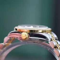 ~ROLEX WATCH WOMENS DATEJUST 18K GOLD STEEL WHITE DIAL DIAMOND BEZEL 26MM 69173