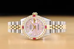 ROLEX LADIES DATEJUST 69173 PINK FACTORY DIAMOND DIAL 18K GOLD STEEL RUBY WATCH