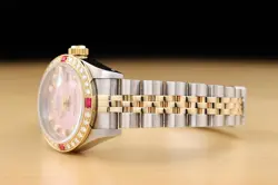 ROLEX LADIES DATEJUST 69173 PINK FACTORY DIAMOND DIAL 18K GOLD STEEL RUBY WATCH