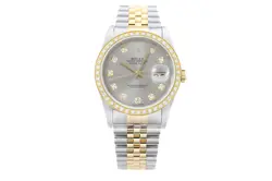 Rolex Mens Datejust 16233 18K Yellow Gold & Steel 2-Tone Gray Dial Diamond Watch