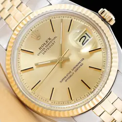ROLEX MENS DATEJUST CHAMPAGNE DIAL 14K GOLD STEEL WATCH W/ FOLDED JUBILEE BAND