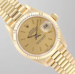 ROLEX LADIES DATEJUST 26MM 18K YELLOW GOLD CHAMPAGNE DIAL FLUTED PRESIDENT 69178