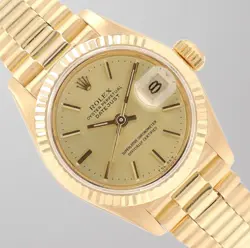 ROLEX LADIES DATEJUST 26MM 18KY GOLD CHAMPAGNE INDEX DIAL FLUTED PRESIDENT 69178