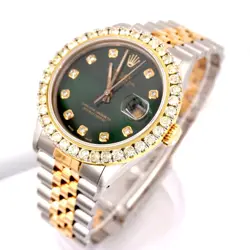 ROLEX MENS DATEJUST 36MM 18K YELLOW GOLD & STEEL ICED 2.25CT DIAMONDS GREEN DIAL