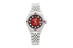 Rolex Datejust 69174 18K Gold SS Diamond Ruby Red Vignette Watch w/ Jubilee Band
