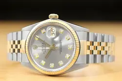 ROLEX MENS DATEJUST 2 TONE 18K YELLOW GOLD & STAINLESS STEEL QUICKSET GRAY WATCH